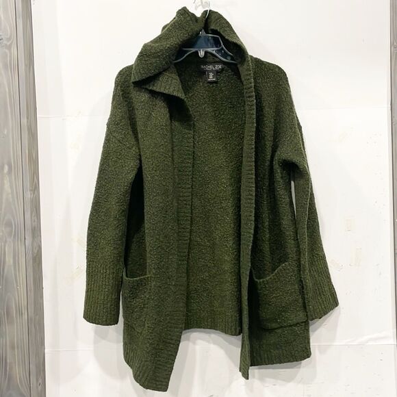 Rachel Zoe Sweaters - Rachel Zoe Olive Green Boucle Coatigan Hooded Long Sleeves Pockets Women Sz M